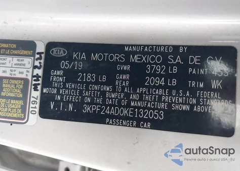 2019 Kia Forte Lxs z USA, uszkodzony, nr VIN 3KPF24AD0KE132053